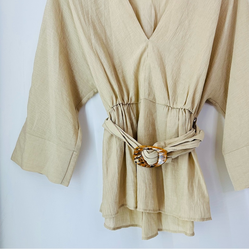 Zara Gauze Drop Shoulder Belted V-Neck Top Small Beige - Picture 3 of 7
